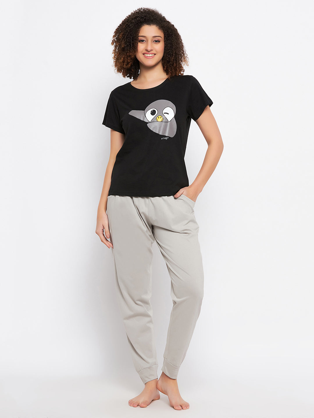 Black-Cotton-Dab-Penguin-Print-Top-&-Solid-Jogger-Set