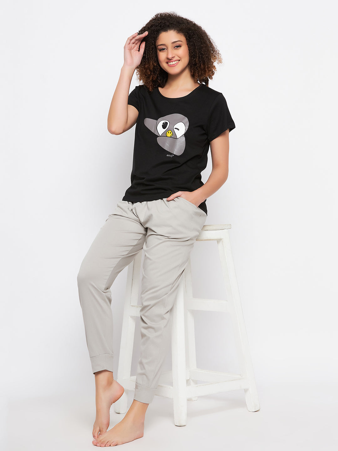 Black-Cotton-Dab-Penguin-Print-Top-&-Solid-Jogger-Set