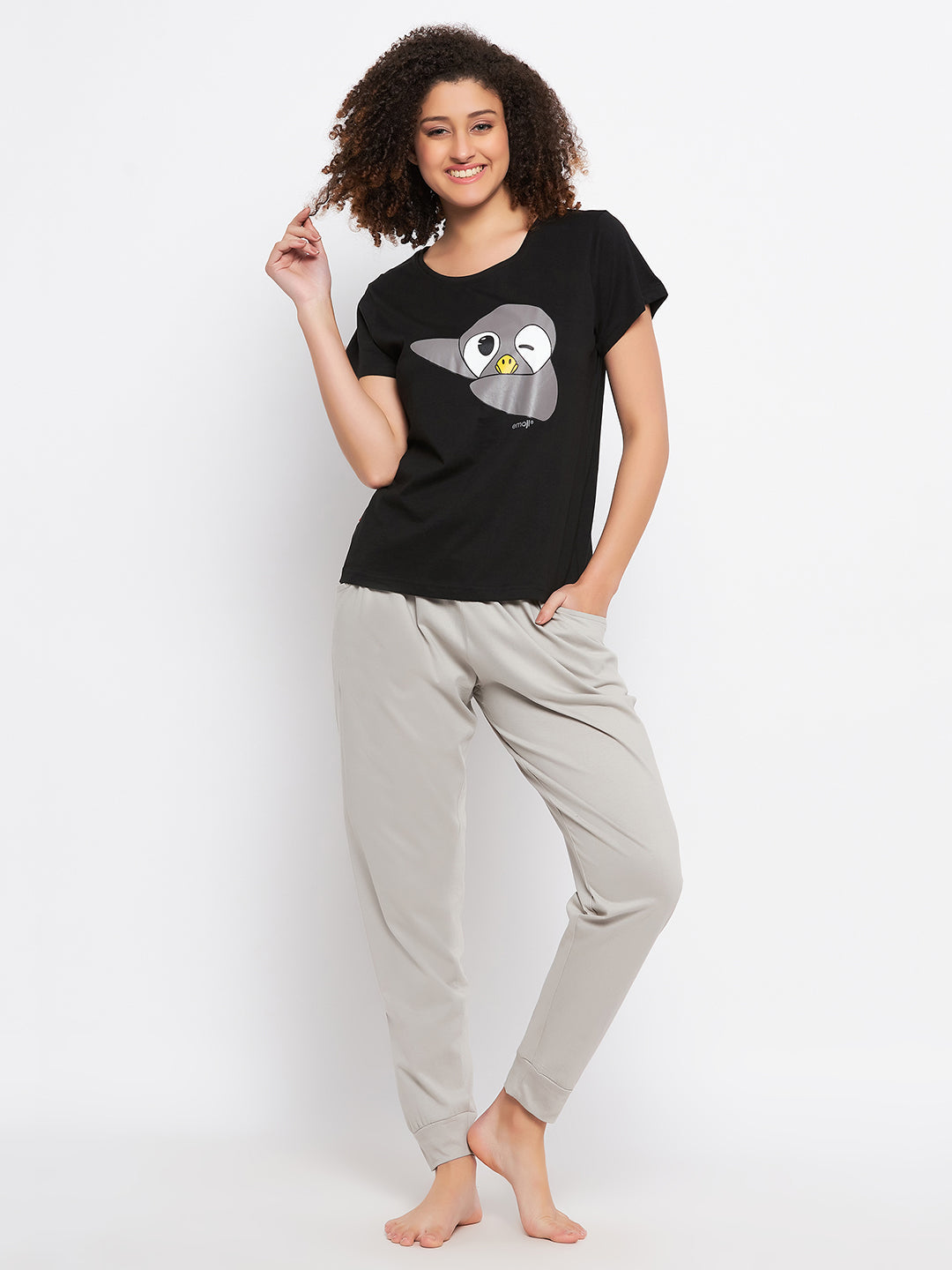 Black-Cotton-Dab-Penguin-Print-Top-&-Solid-Jogger-Set