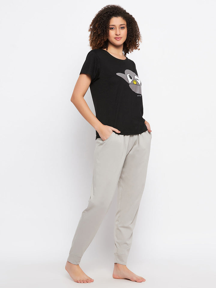 Black-Cotton-Dab-Penguin-Print-Top-&-Solid-Jogger-Set