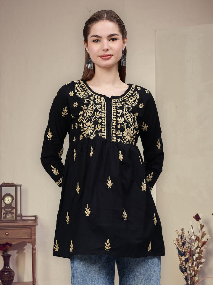 Black-Cotton-Embroidered-Chikankari-A-Line-Shape-Top