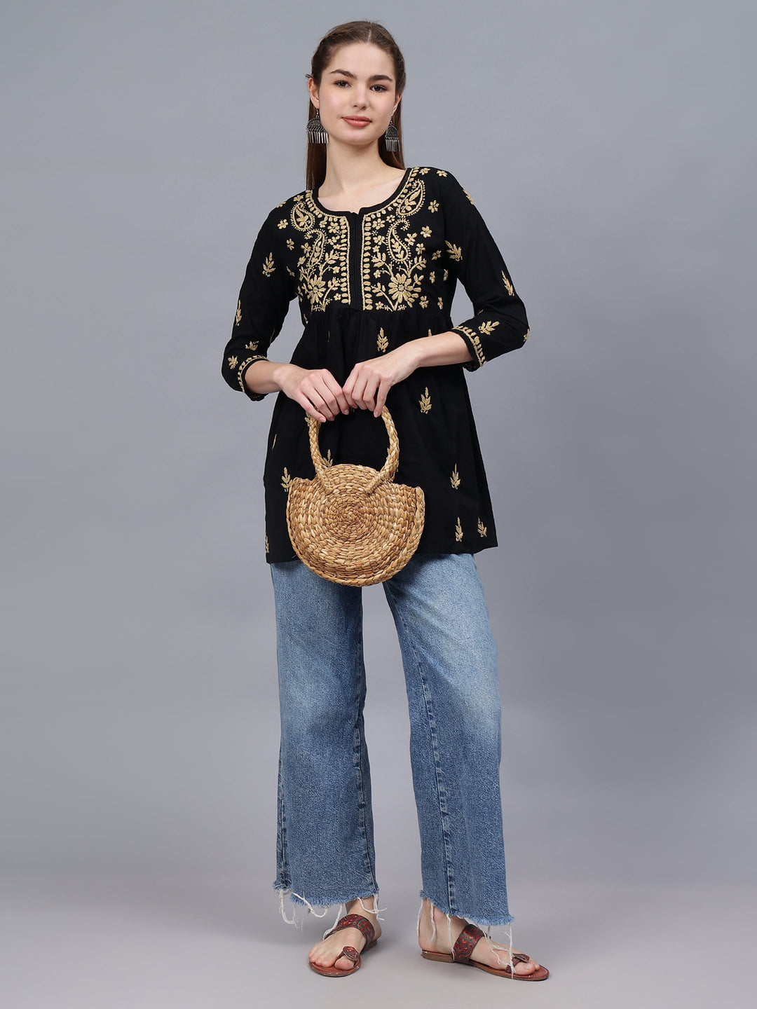 Black-Cotton-Embroidered-Chikankari-A-Line-Shape-Top