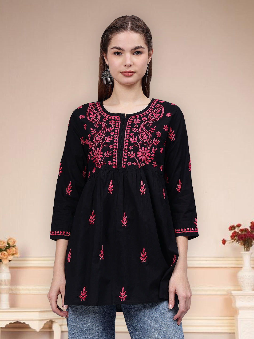 Black-Cotton-Embroidery-Chikankari-A-Line-Top