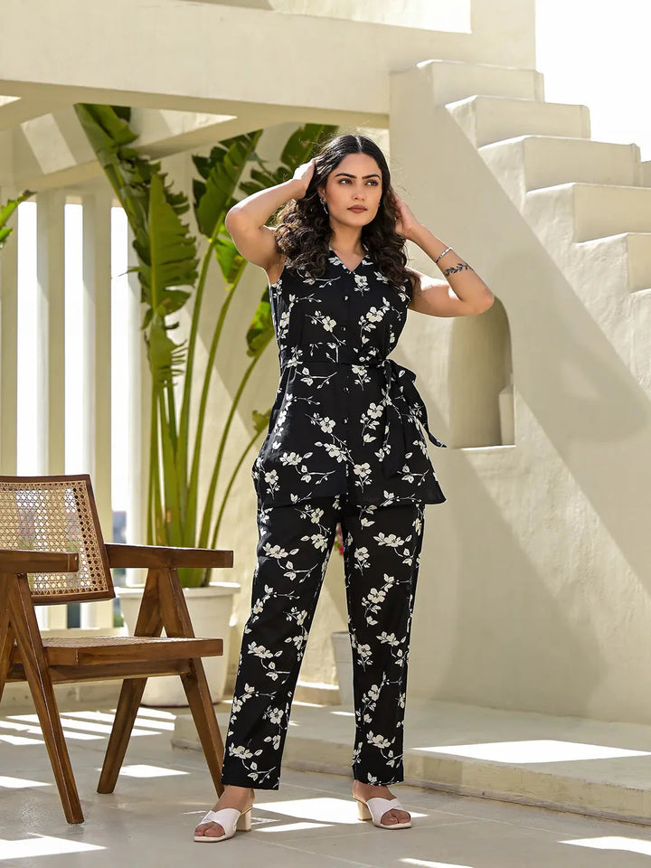 Black-Cotton-Floral-Print-Co-Ord-Set-With-A-Belt-