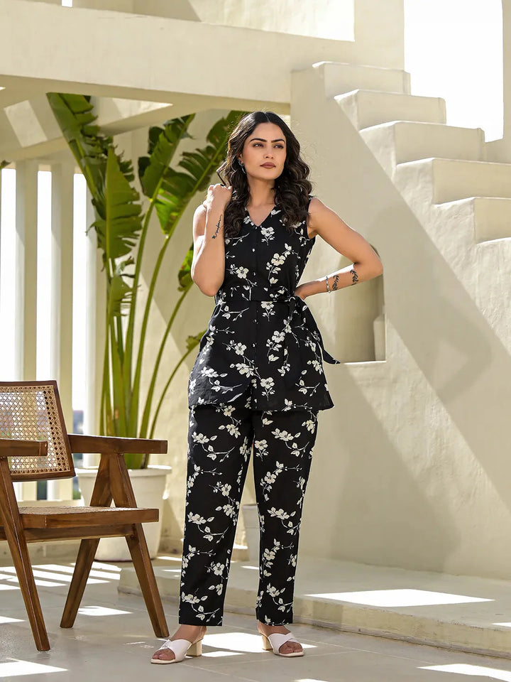 Black-Cotton-Floral-Print-Co-Ord-Set-With-A-Belt-