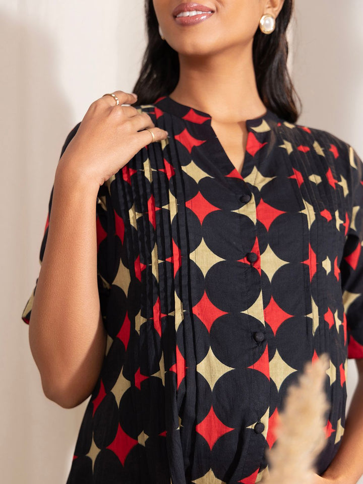 Black-Cotton-Geometric-Printed-A-Line-Dress