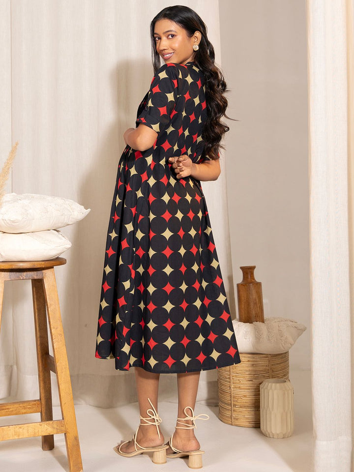 Black-Cotton-Geometric-Printed-A-Line-Dress