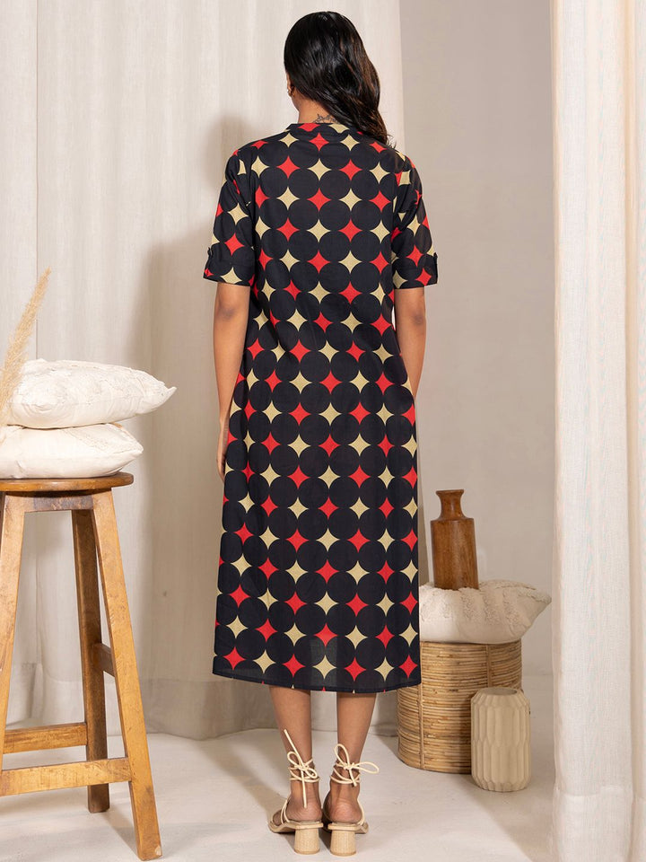 Black-Cotton-Geometric-Printed-A-Line-Dress