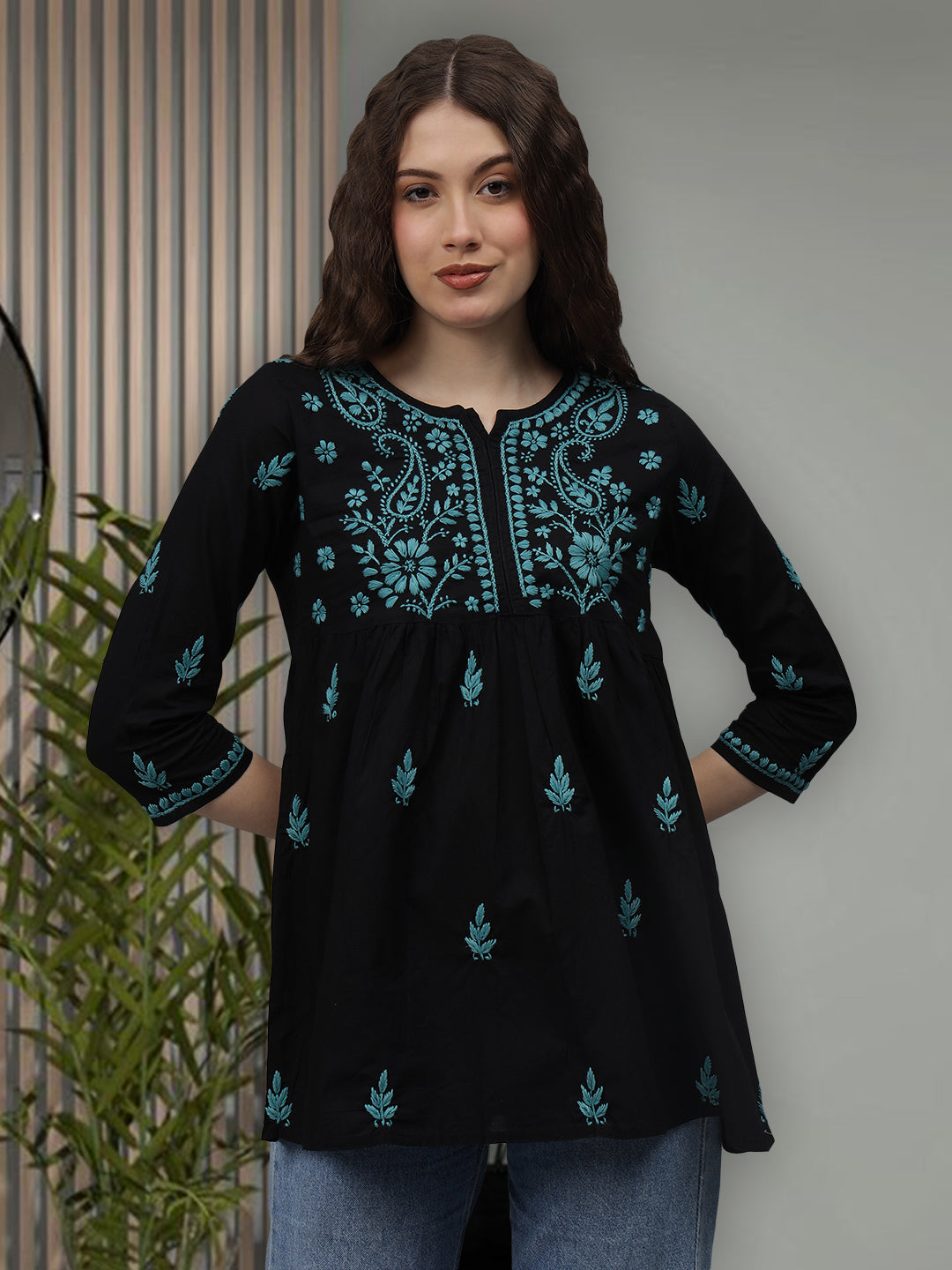 Black-Cotton-Hand-Embroidered-Chikankari-A-Line-Top