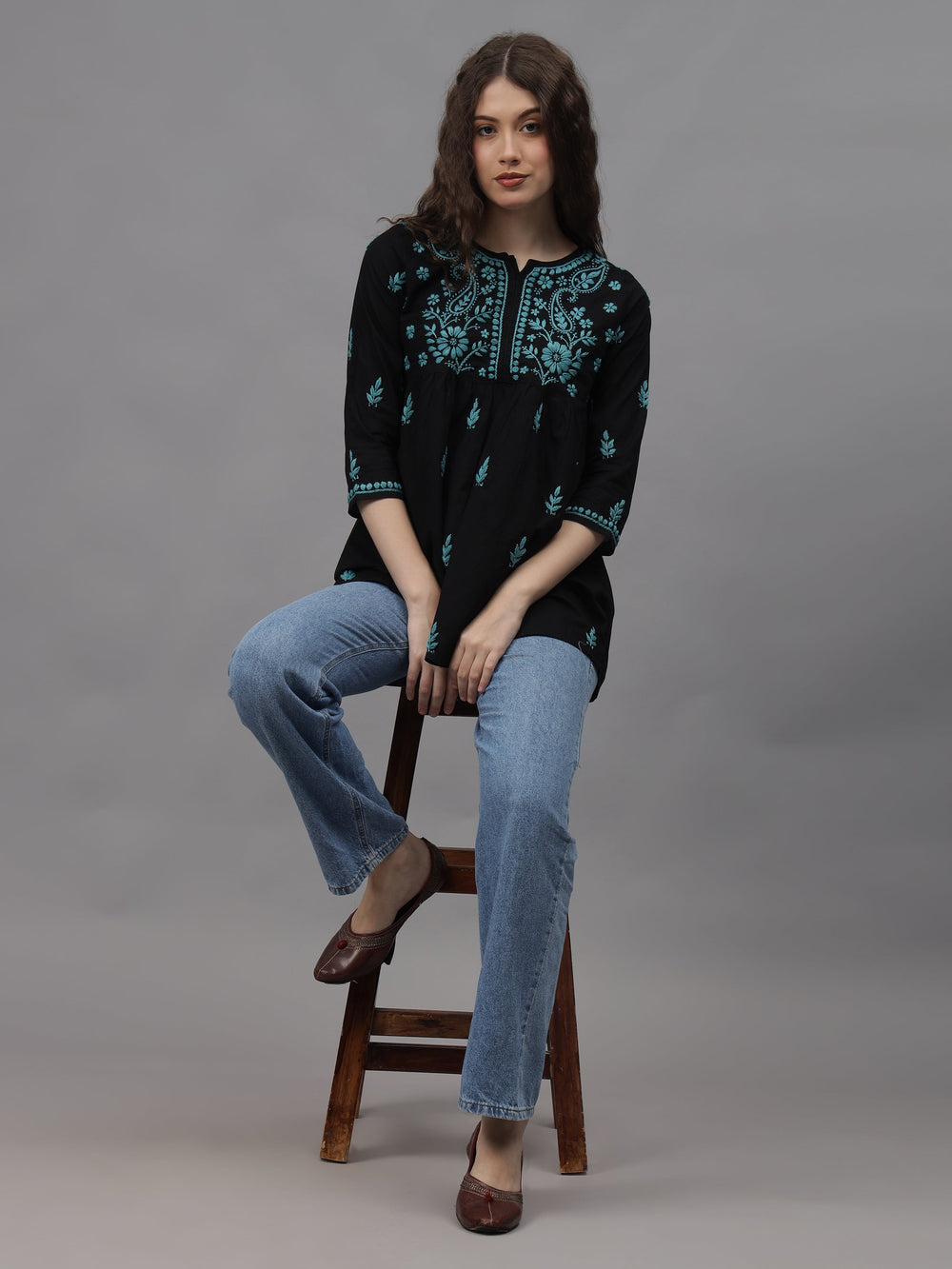 Black-Cotton-Hand-Embroidered-Chikankari-A-Line-Top