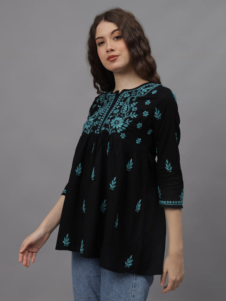 Black-Cotton-Hand-Embroidered-Chikankari-A-Line-Top