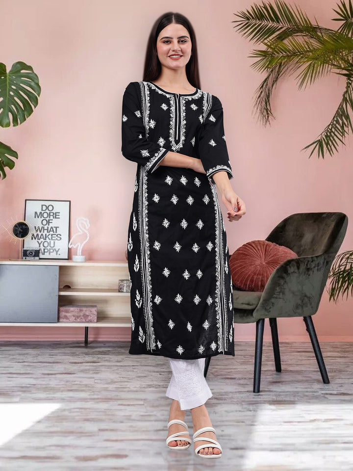 Black Cotton Embroidered Chikankari Kurti