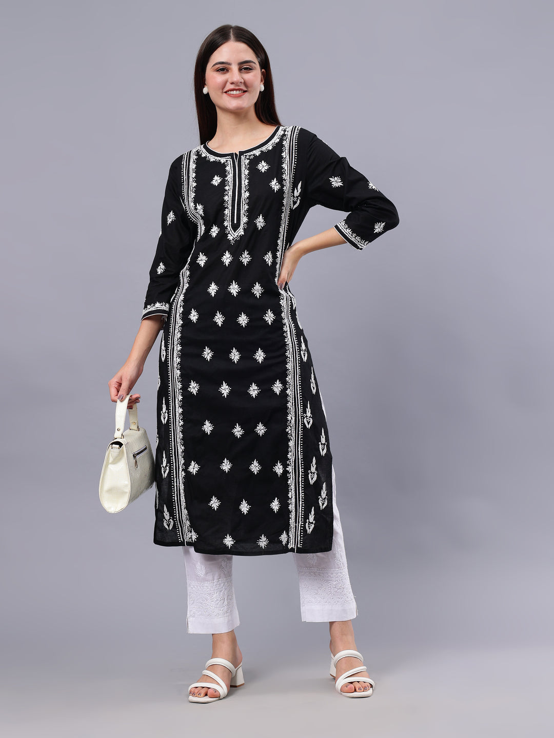 Black Cotton Embroidered Chikankari Kurti