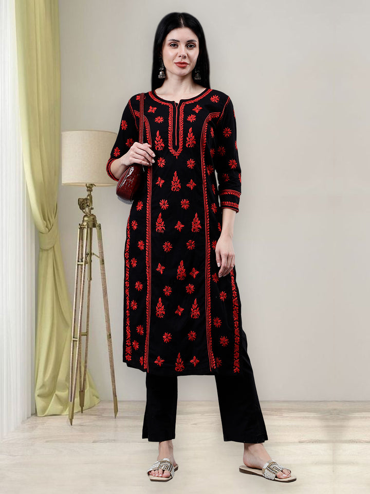 Black Cotton Hand Embroidered Chikankari Kurta