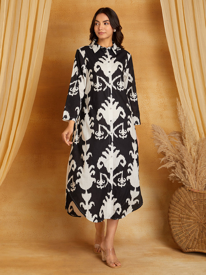 Black Cotton Ikkat Printed Mid-Length Shirt Dress