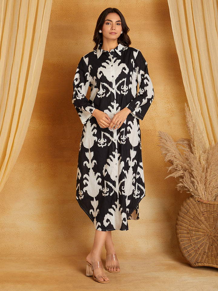 Black Cotton Ikkat Printed Mid-Length Shirt Dress