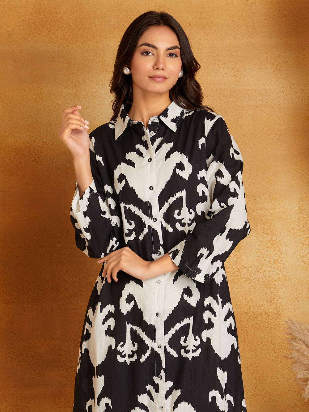 Black Cotton Ikkat Printed Mid-Length Shirt Dress