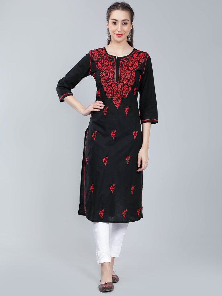 Black-Cotton-Kurta-with-Red-Chikankari-Work