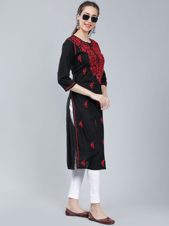 Black-Cotton-Kurta-with-Red-Chikankari-Work