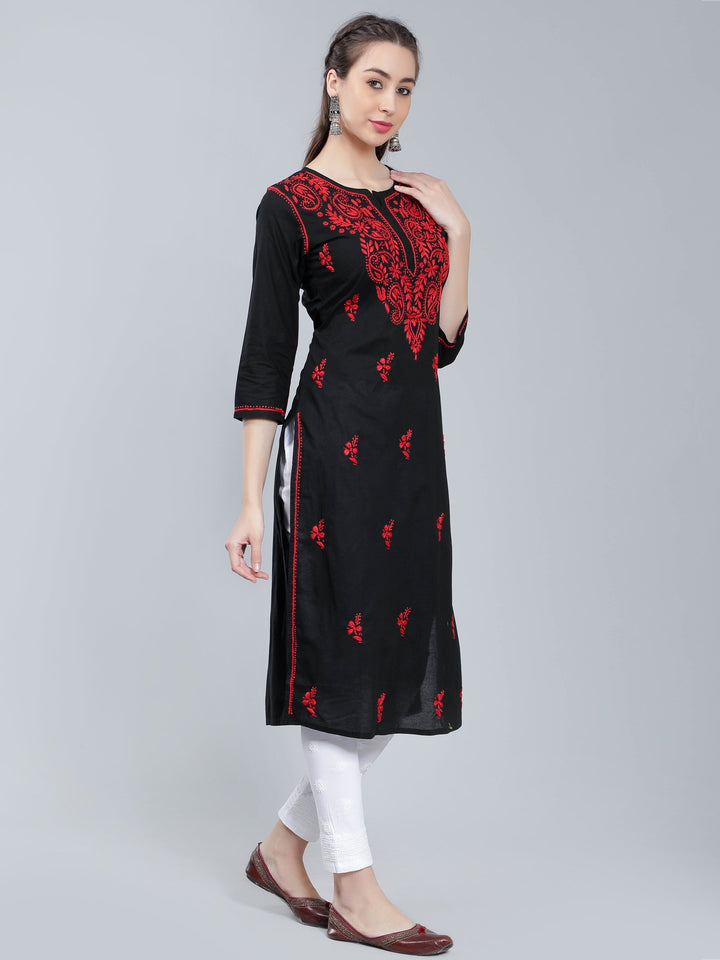 Black-Cotton-Kurta-with-Red-Chikankari-Work