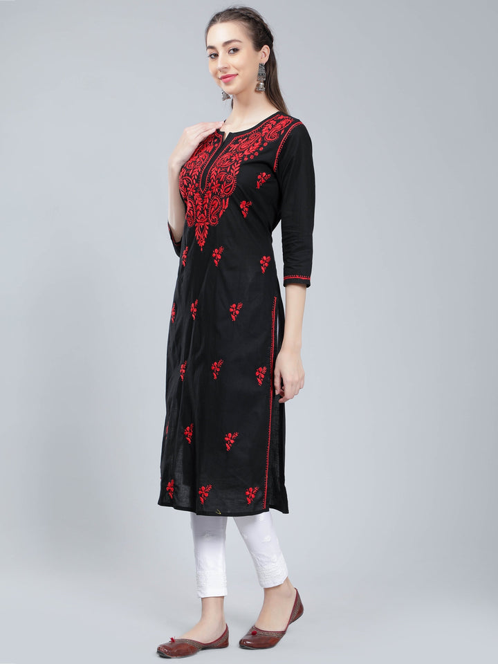 Black-Cotton-Kurta-with-Red-Chikankari-Work