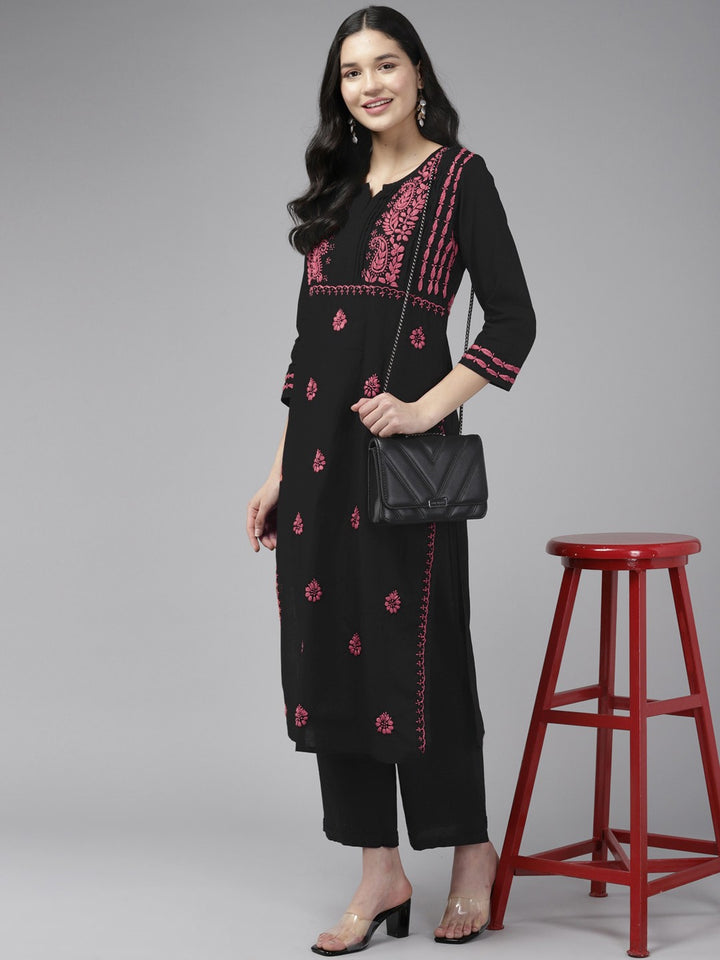 Black Cotton Pink Thread Chikankari Kurta