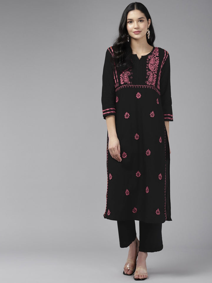 Black Cotton Pink Thread Chikankari Kurta