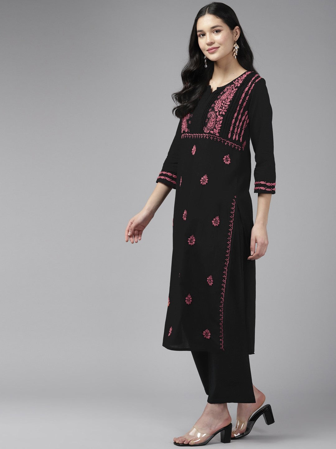 Black Cotton Pink Thread Chikankari Kurta