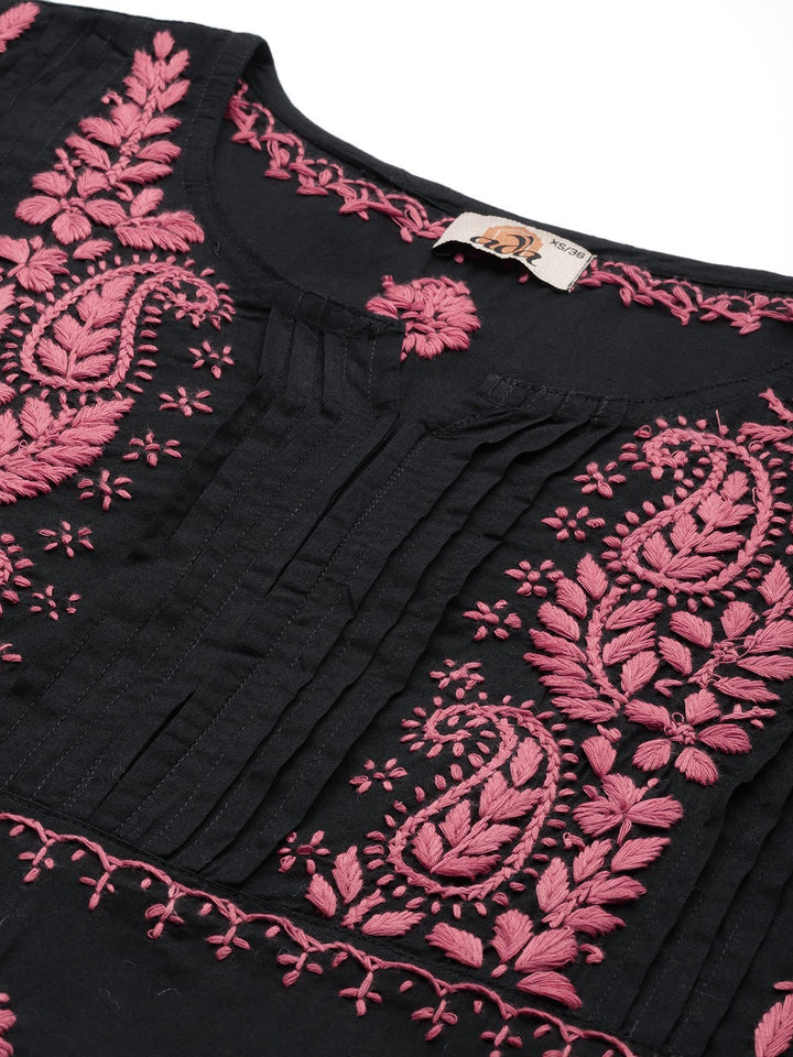 Black Cotton Pink Thread Chikankari Kurta