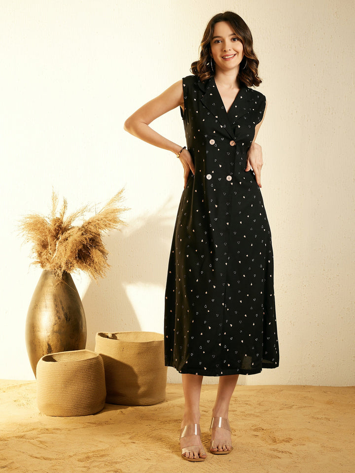 Black-Cotton-Solid-Dress-With-Lapel
