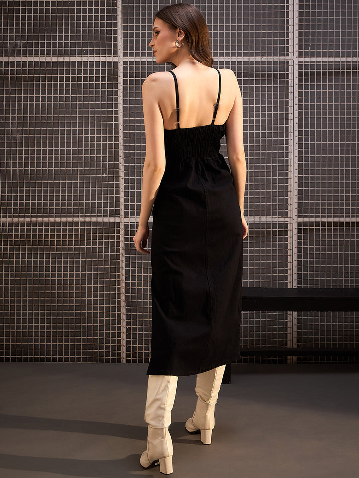 Black-Denim-Corset-Style-Strap-Maxi-Dress-With-Slit