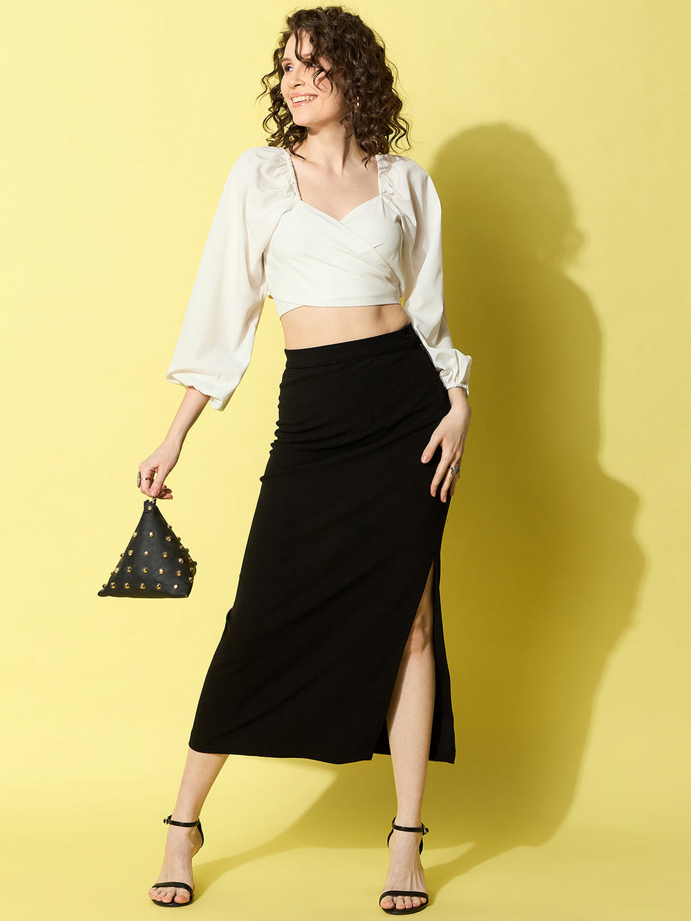 Black-Denim-Polyester-Side-Slit-Long-Maxi-Skirt