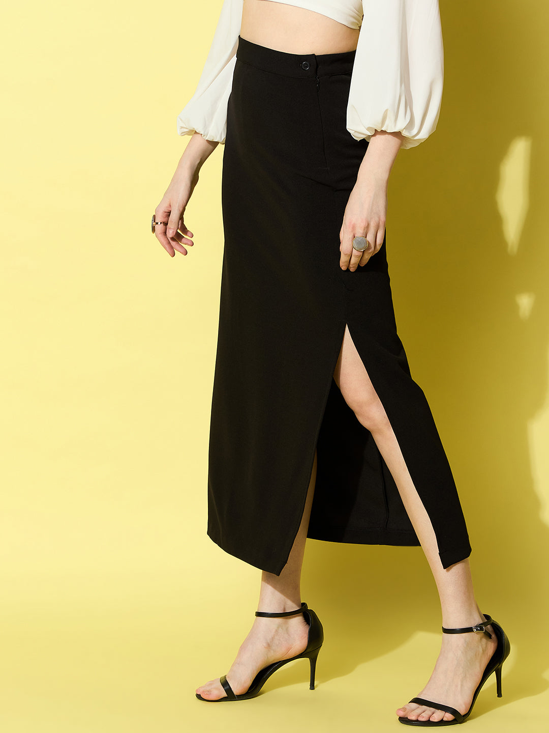 Black-Denim-Polyester-Side-Slit-Long-Maxi-Skirt