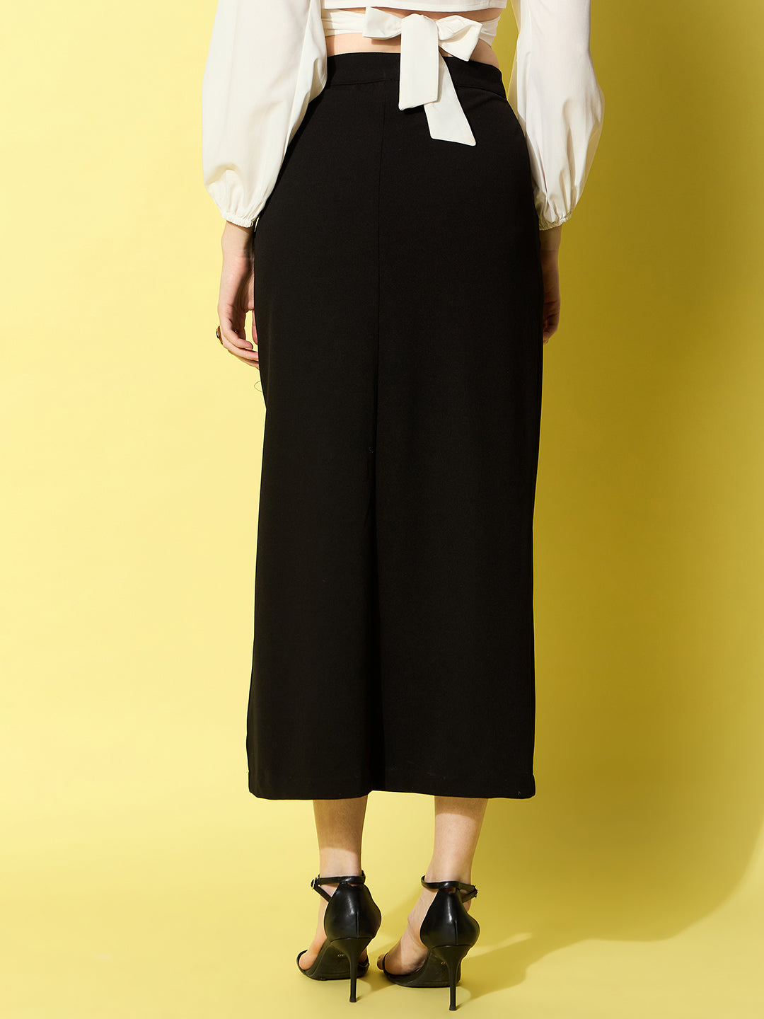 Black-Denim-Polyester-Side-Slit-Long-Maxi-Skirt