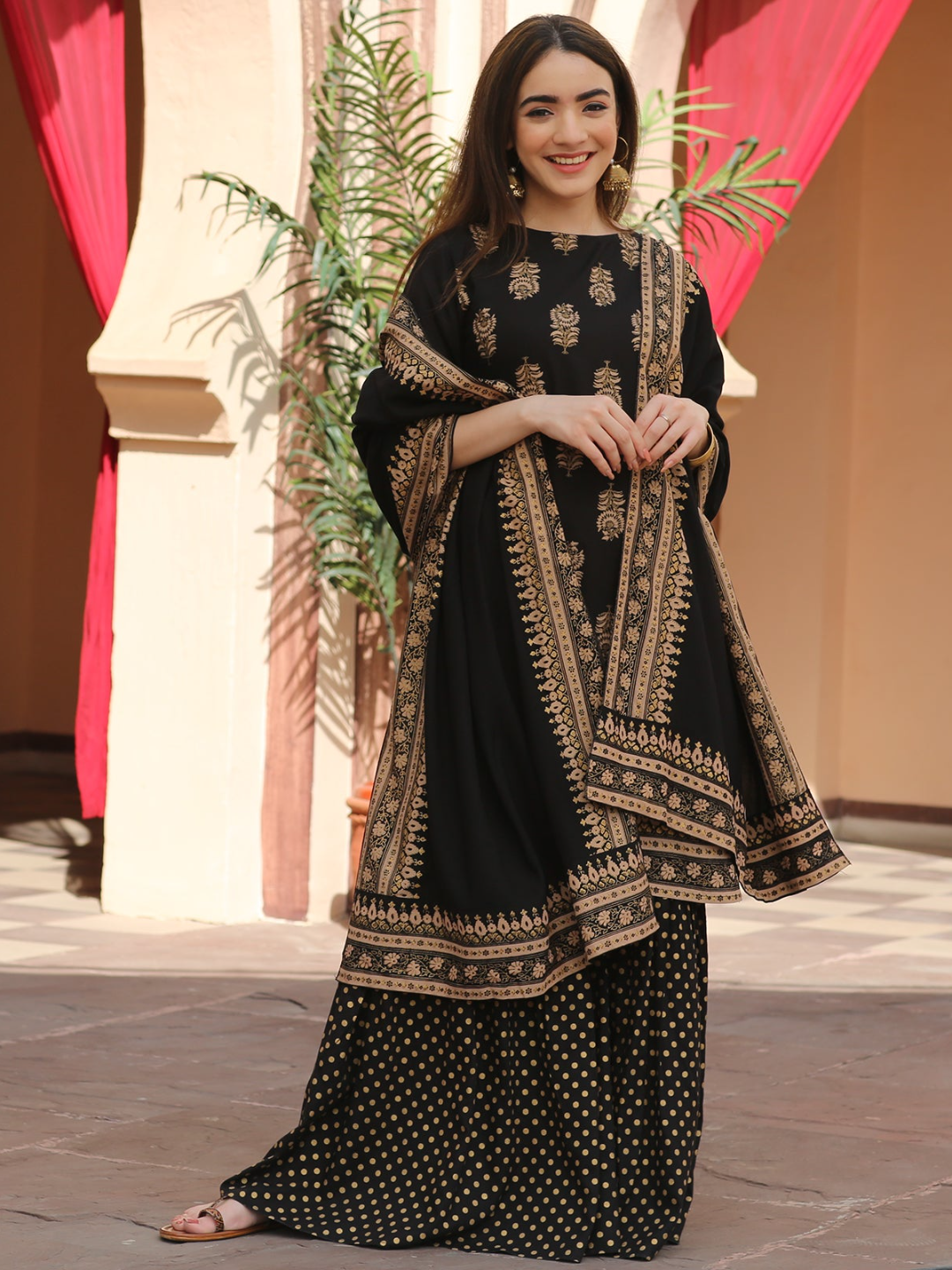 Black Festive Gold Gharara Kurta Dupatta Set