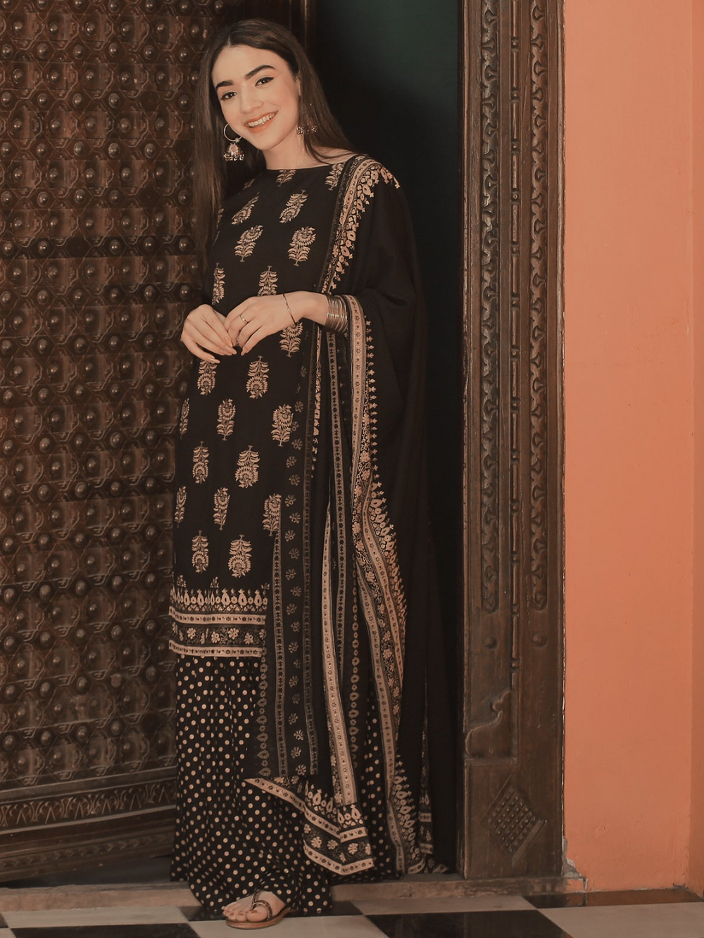 Black Festive Gold Gharara Kurta Dupatta Set