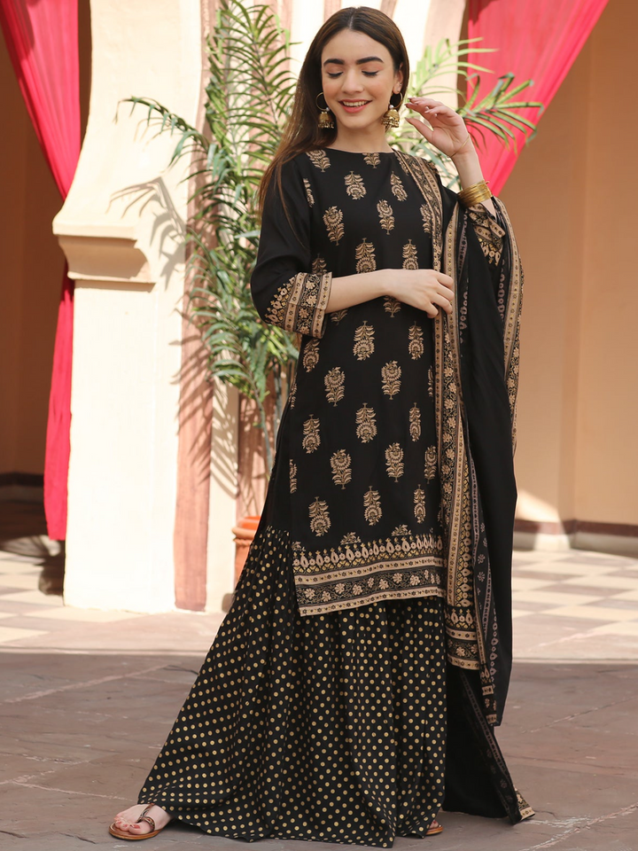 Black Festive Gold Gharara Kurta Dupatta Set