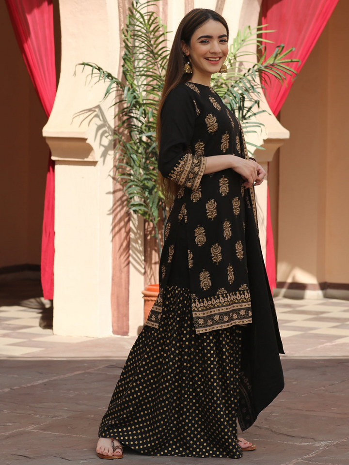 Black Festive Gold Gharara Kurta Dupatta Set