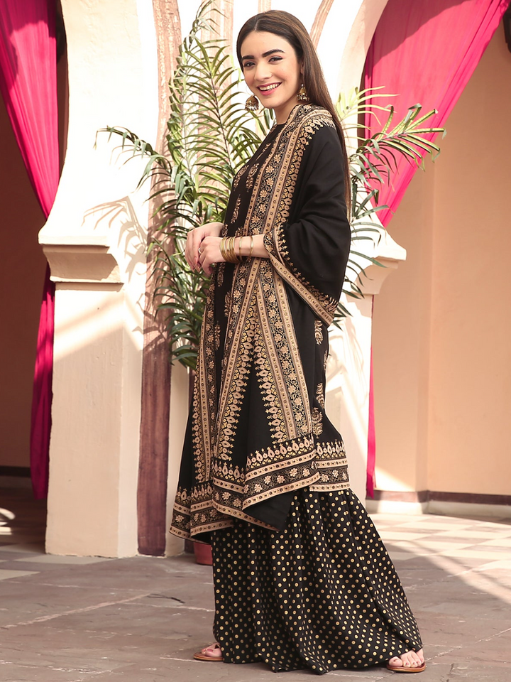 Black Festive Gold Gharara Kurta Dupatta Set