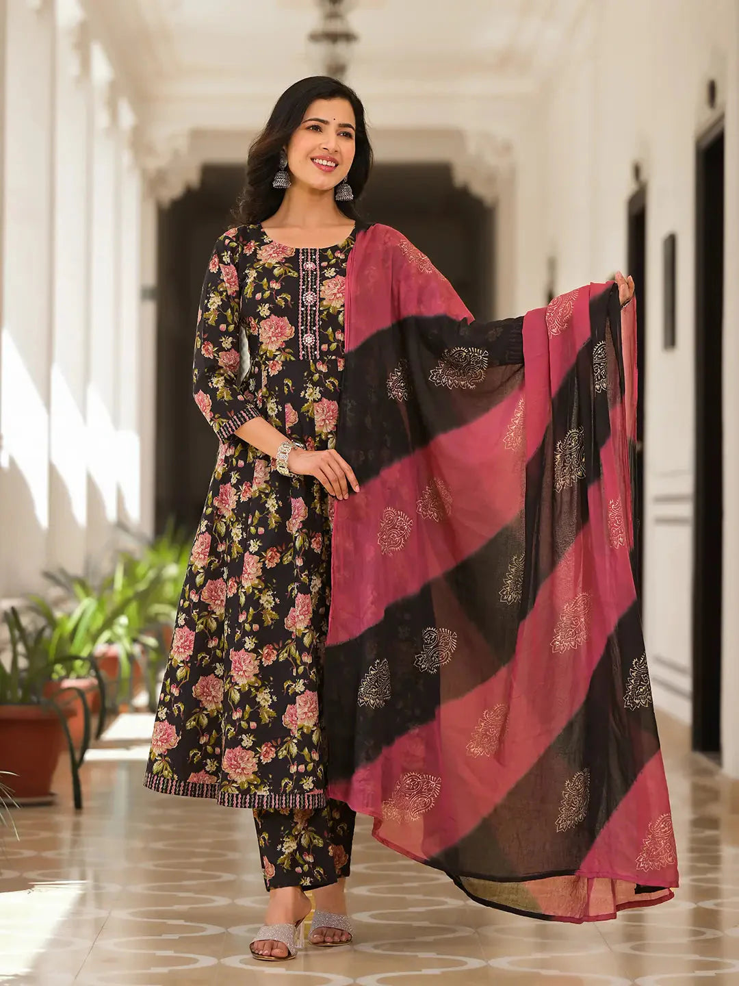 Black-Cotton-Floral-Print-Zari-Work-Anarkali-Set