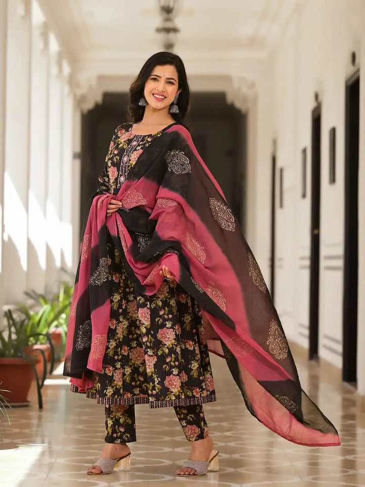 Black-Cotton-Floral-Print-Zari-Work-Anarkali-Set