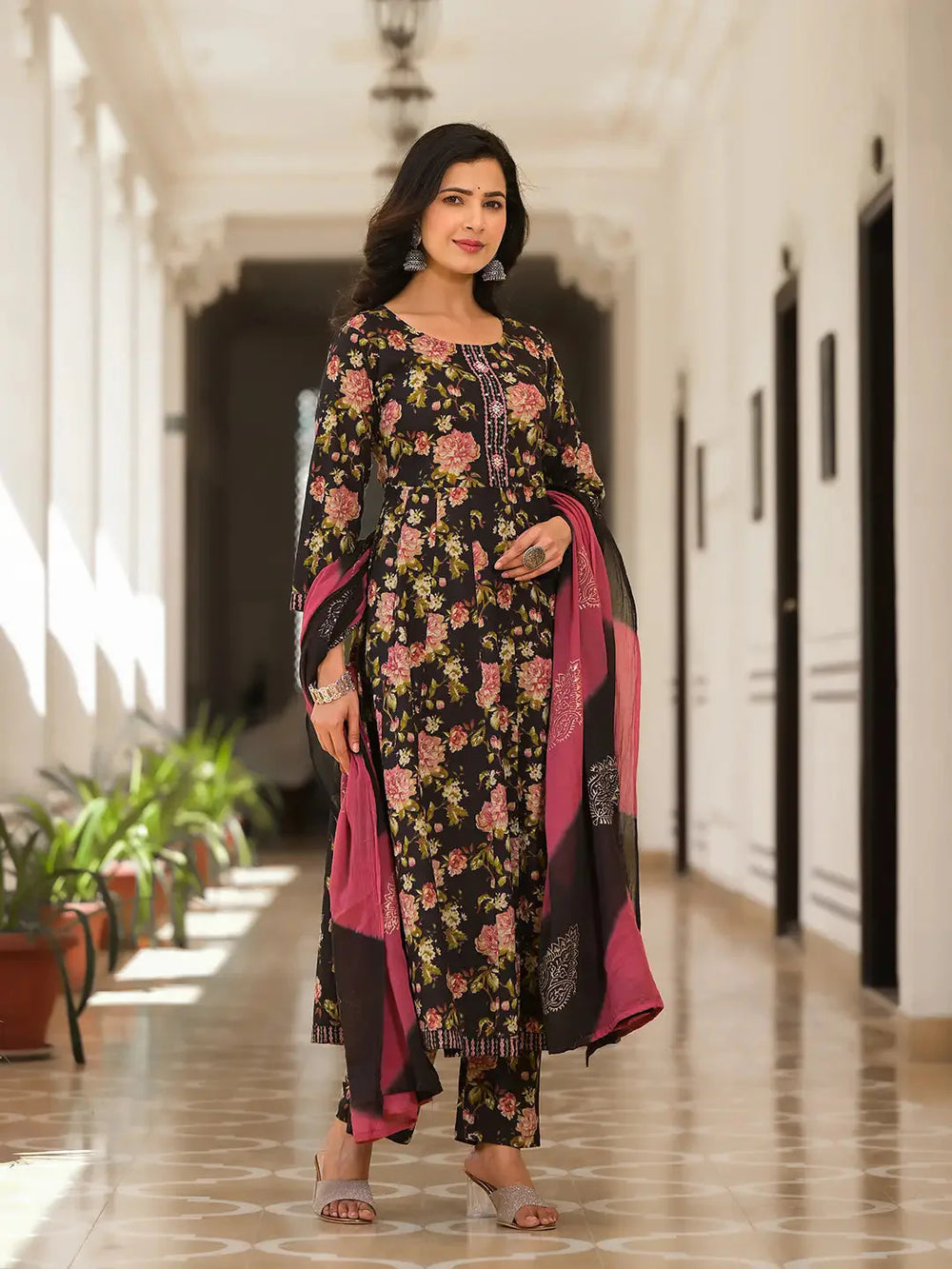 Black-Cotton-Floral-Print-Zari-Work-Anarkali-Set