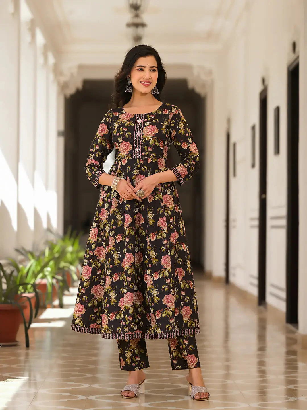 Black-Cotton-Floral-Print-Zari-Work-Anarkali-Set