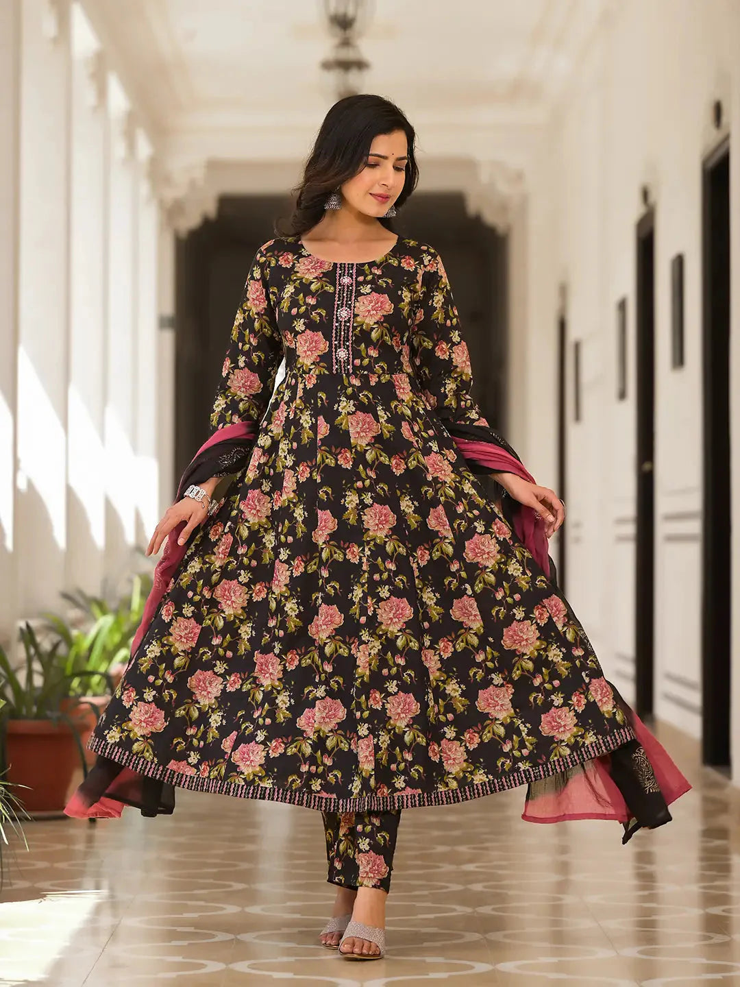 Black-Cotton-Floral-Print-Zari-Work-Anarkali-Set