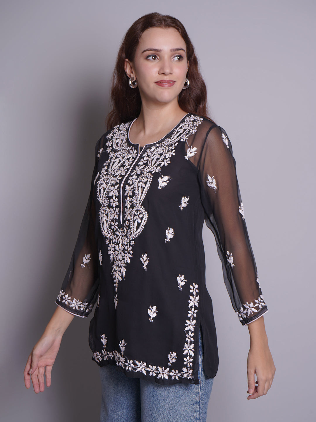 Black-Georgette-Chikankari-Short-Tunic-With-Slip