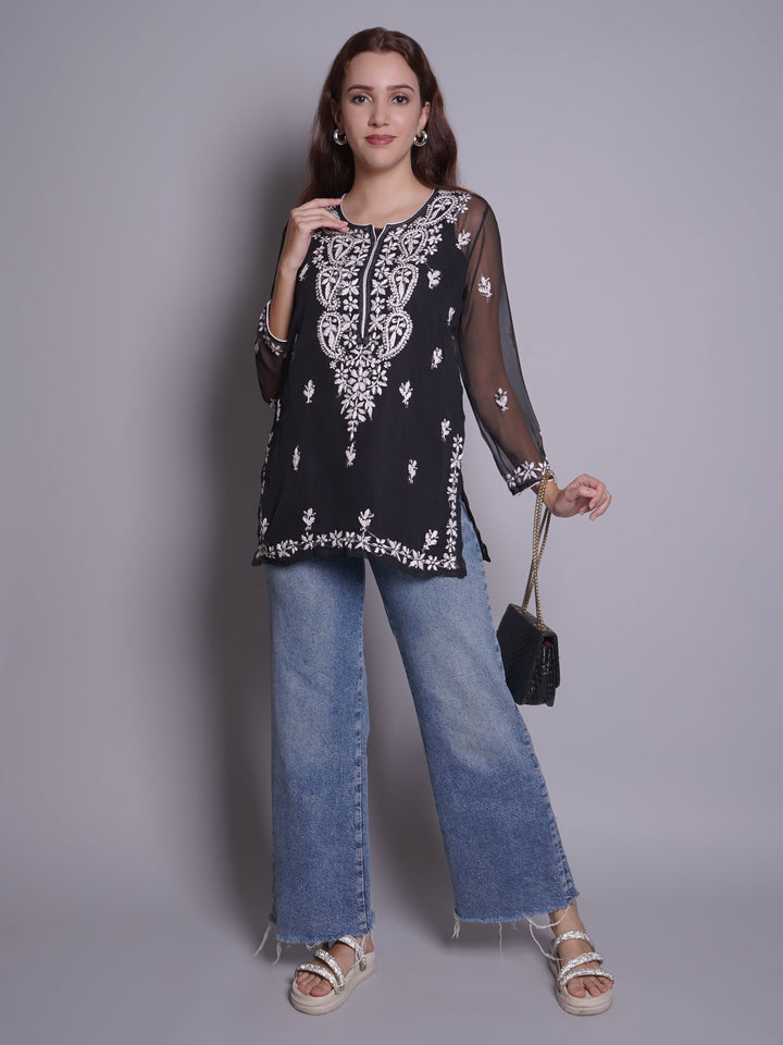 Black-Georgette-Chikankari-Short-Tunic-With-Slip