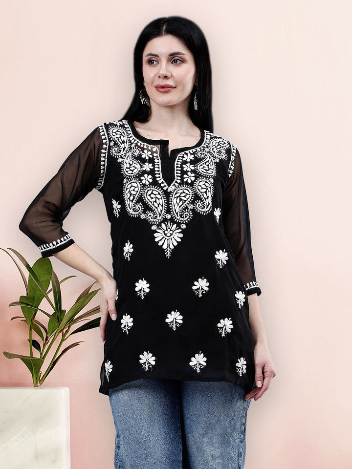 Black-Georgette-Chikankari-Short-Tunic-with-Inner-Slip