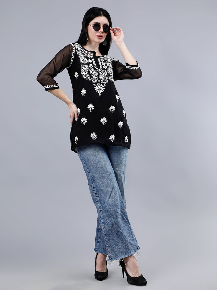 Black-Georgette-Chikankari-Short-Tunic-with-Inner-Slip