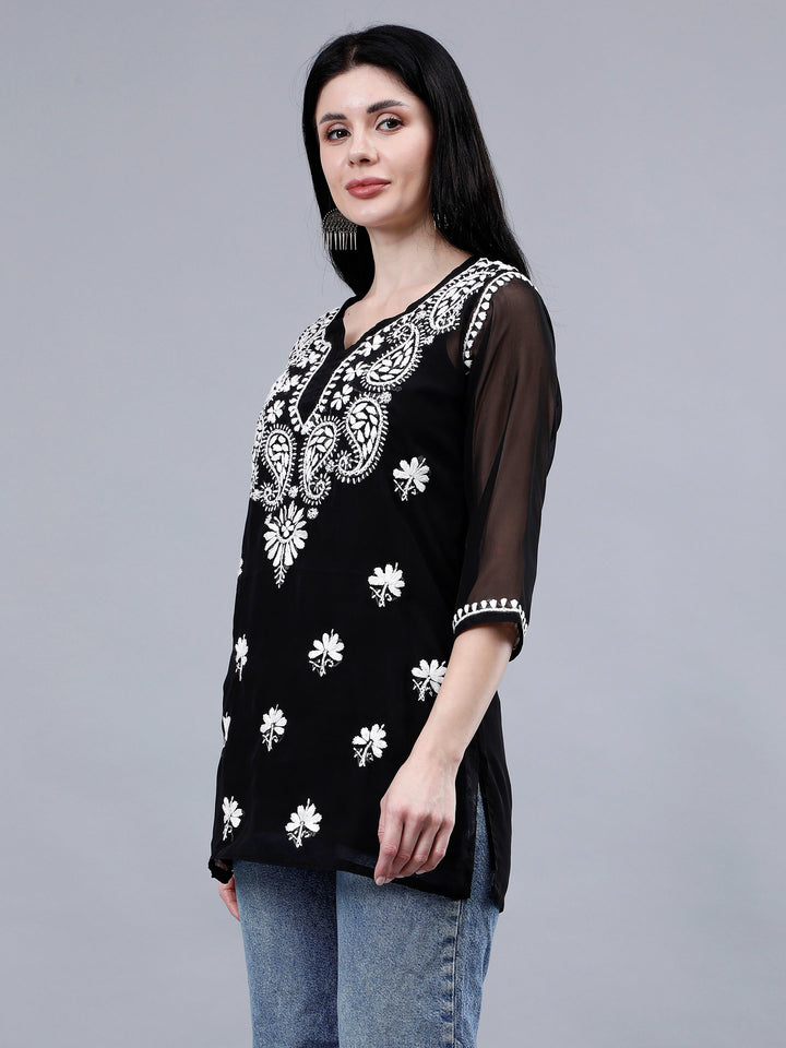 Black-Georgette-Chikankari-Short-Tunic-with-Inner-Slip