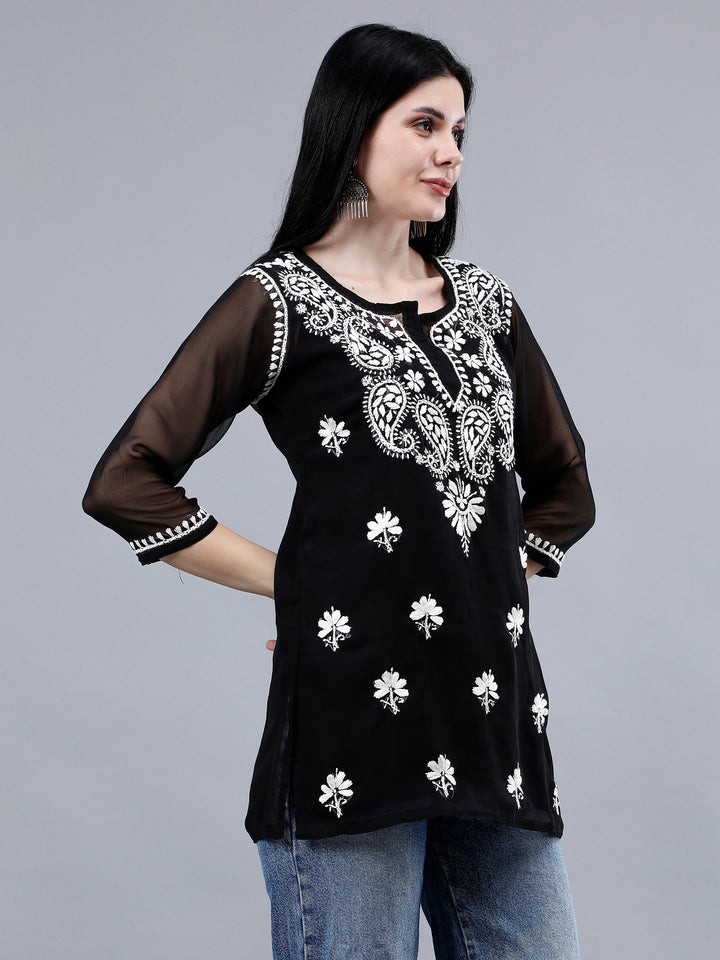 Black-Georgette-Chikankari-Short-Tunic-with-Inner-Slip